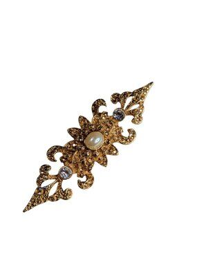 Vintage Gold-Tone Baroque Brooch With Faux Pearl & Rhinestones - 4.5 Inches Long